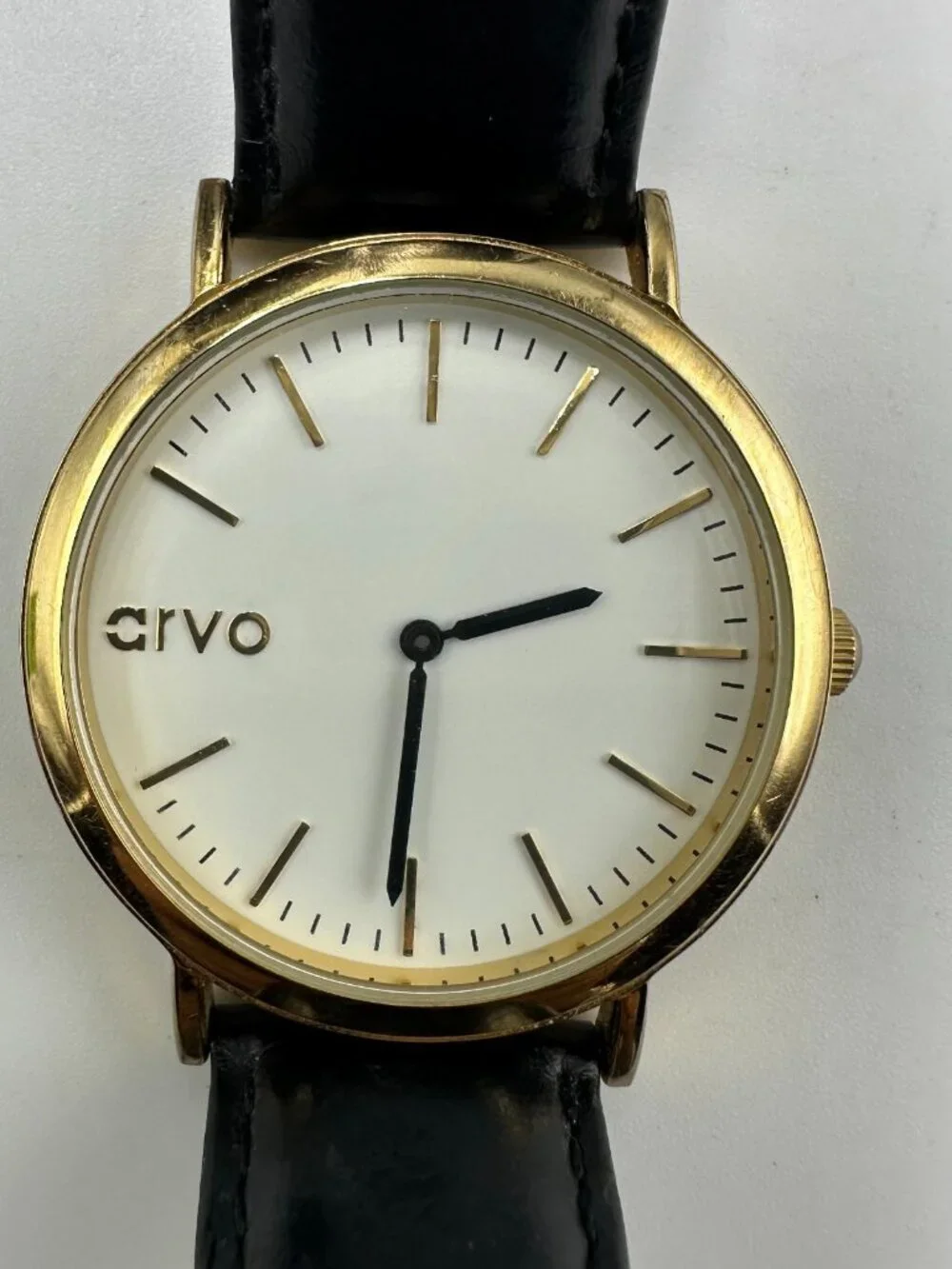 Arvo Time Sawyer Watch Men Gold Tone Black Leather Band New Battery 9 Inch
